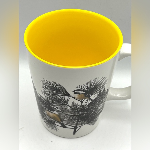 The Cornell Lab Black Chickadee Bird Pine Tree White Yellow Coffee Tea Mug 16 oz - Picture 2 of 11